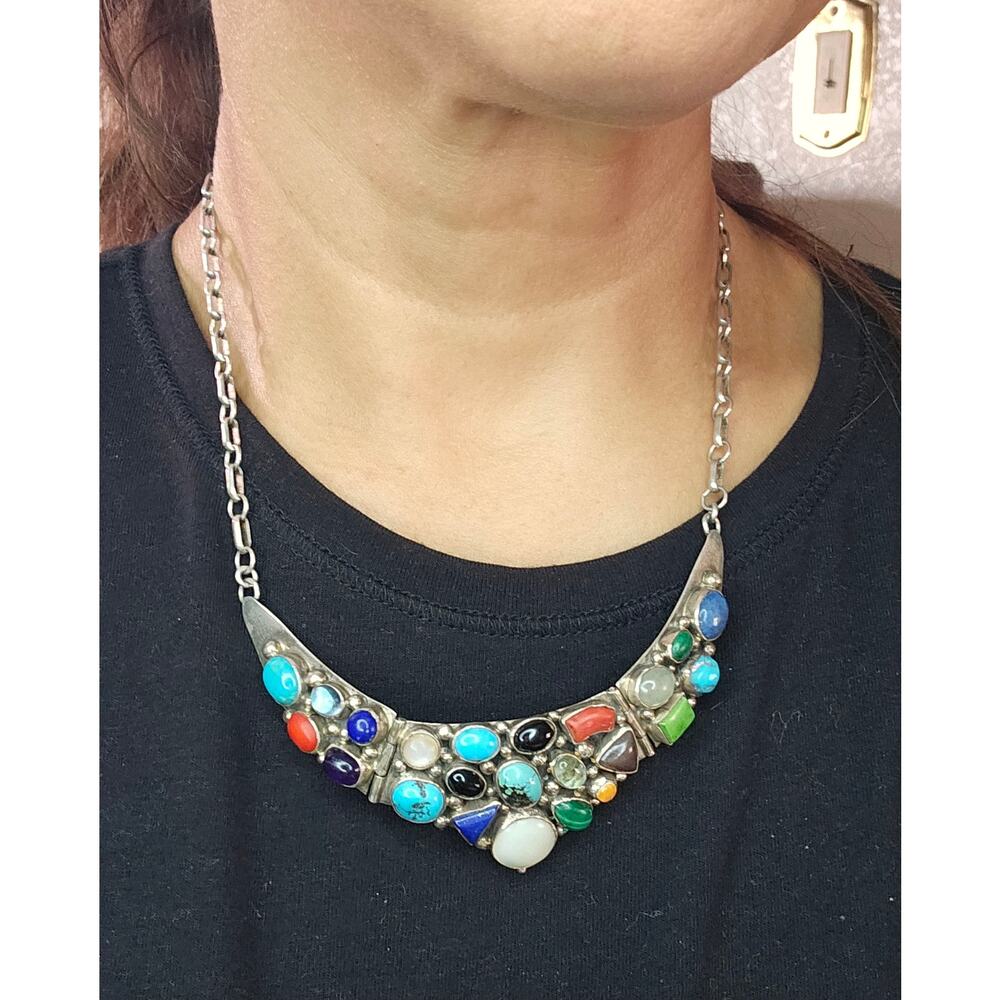 Emer Thompson Signed Navajo Sterling Multi-Stone Statement Collar Necklace 18 In